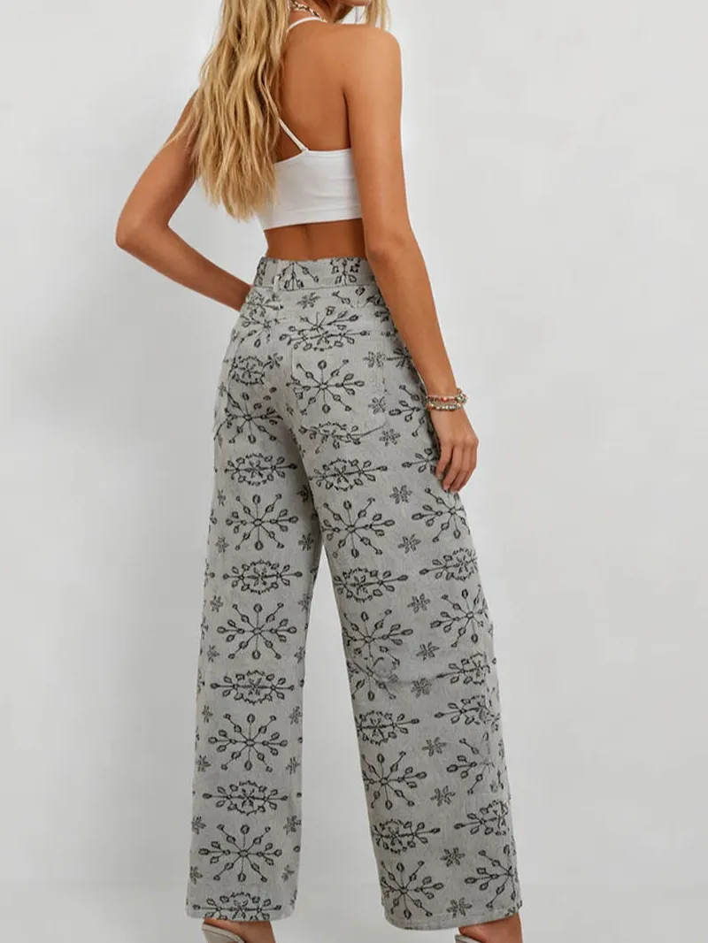 Geometric Jacquard Button Front Wide Leg Denim Pants