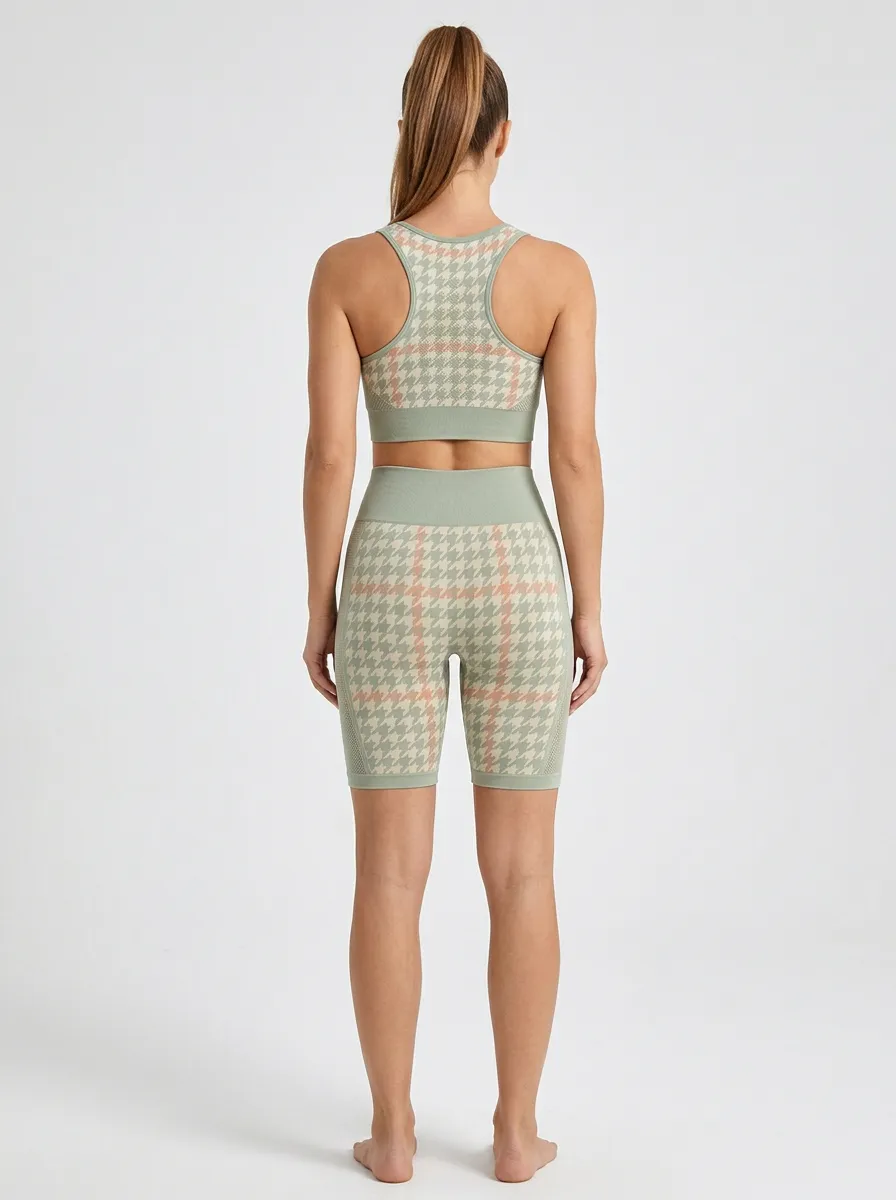 Practical Houndstooth Pattern Finish Women's Tank Top And Sports Shorts Set