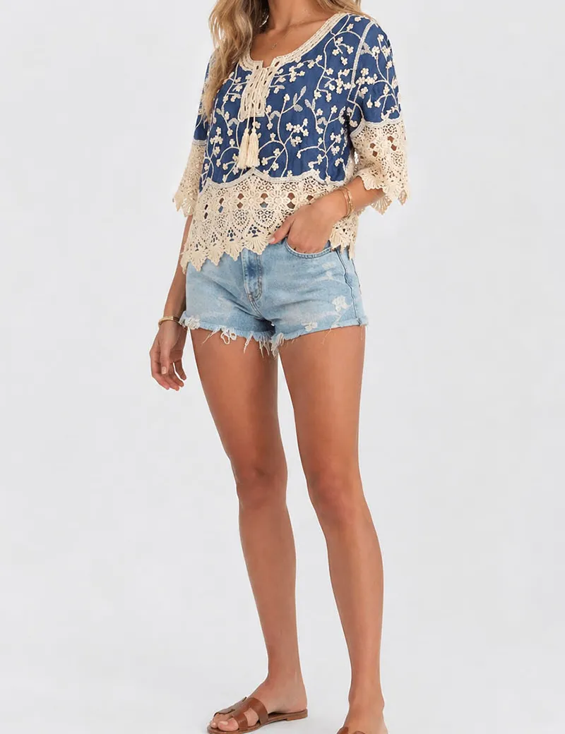 Boho Embroidery Lace Neck Tassel Blouse