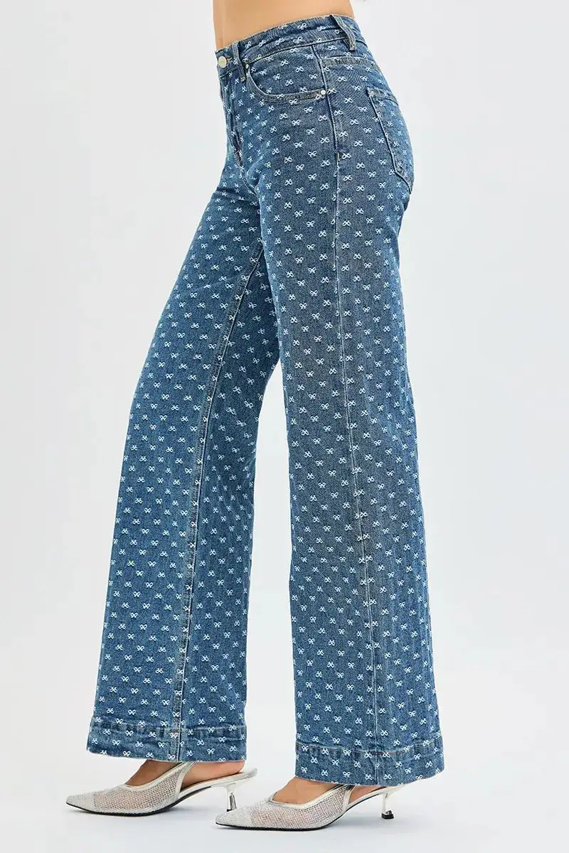 High Waist Wide Leg Embroidered Denim Jeans