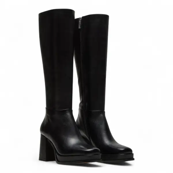 Mystery Black Leather Women's Block Heel Platform Boot