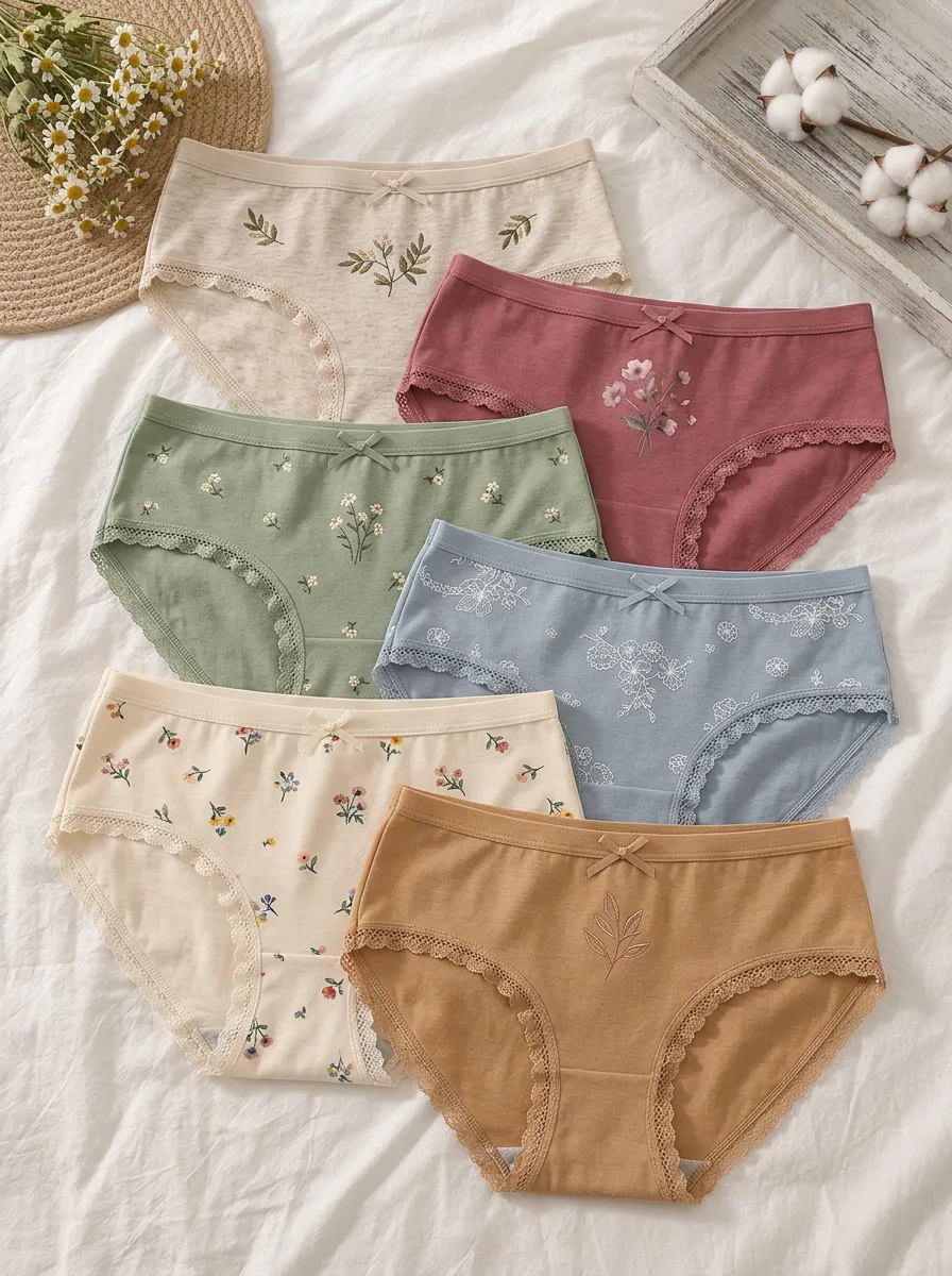Women's Floral Botanical Printed Embroidered 6-Pack Panty Set