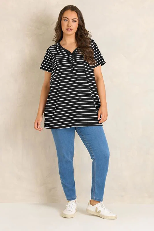 Black Stripe Short Sleeve Cotton Henley Top detail 2