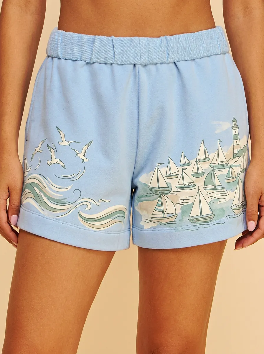Women's Nautical Coastal Lighthouse Sailboat Graphic Shorts