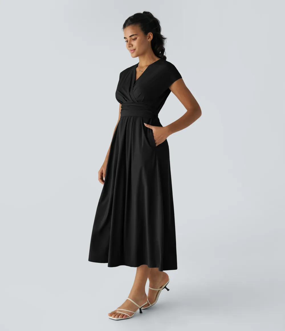 Breezeful V Neck Short Sleeve Side Pocket Tie Back Quick Dry Midi Casual Dress