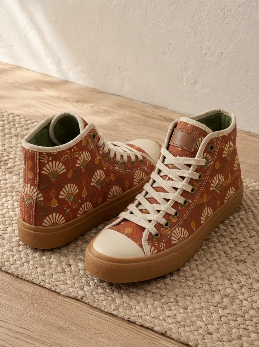 Women's Boho Fan Pattern Rust Orange Printed Canvas Shoes