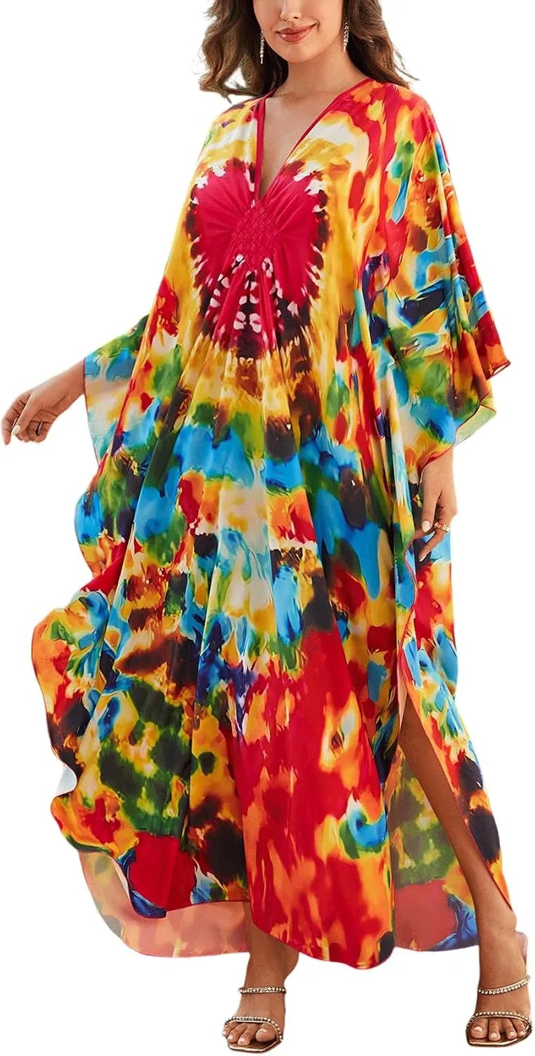 KECVOT Kaftan Dresses for Women Plus Size Batwing Sleeve Caftans Long Bathing Suit Cover Up Maxi Beach Dress Loungewear