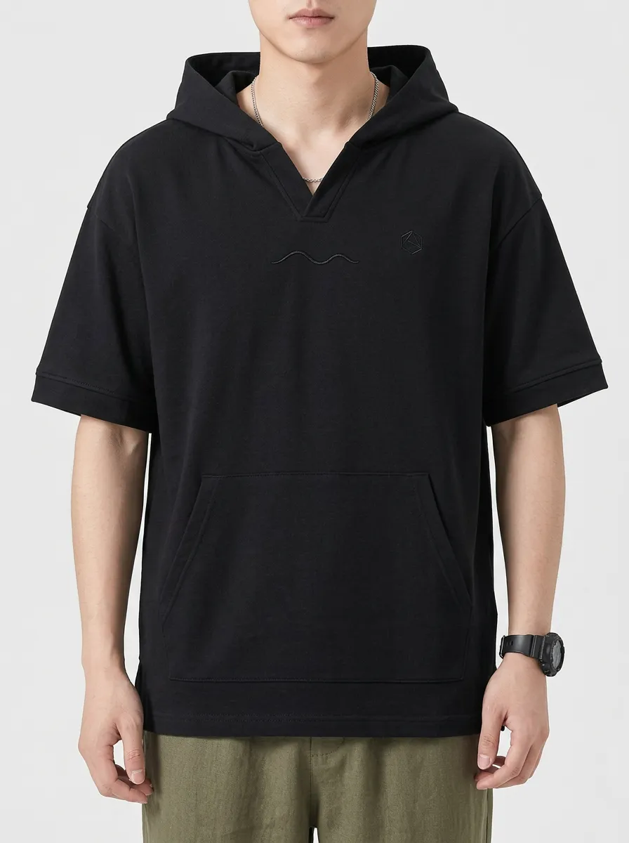 Casual Short Sleeve Embroidered Wave Graphic Detail Men's Hoodie