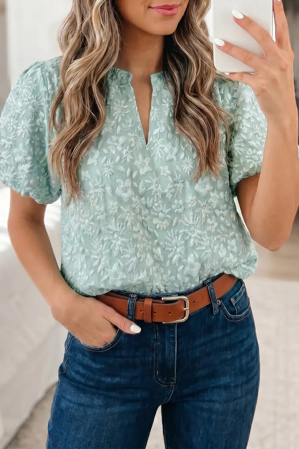 Quilted Floral Textured Puff Sleeve Blouse