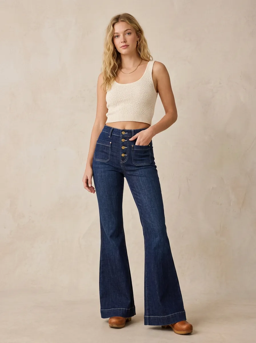 Women's Vintage Style High-Waisted Button-Front Flare Denim Pants