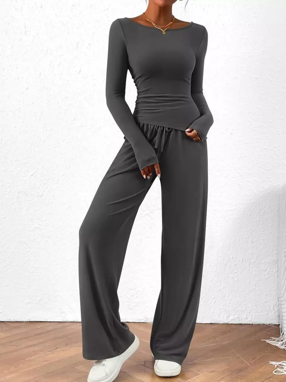 Relaxed Long Sleeve Top and Wide Leg Pants Set