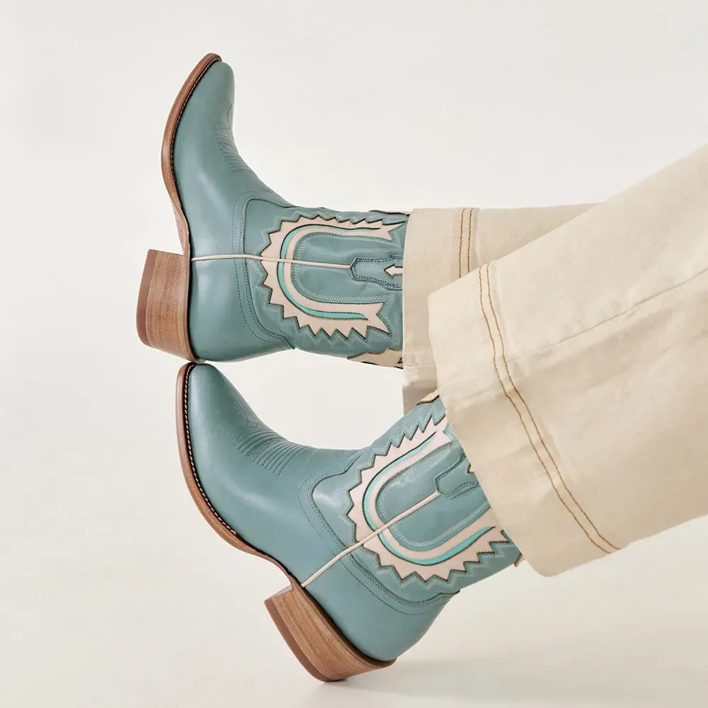 Faux-Leather Embroidered Patchwork Snip-Toe Western Boots