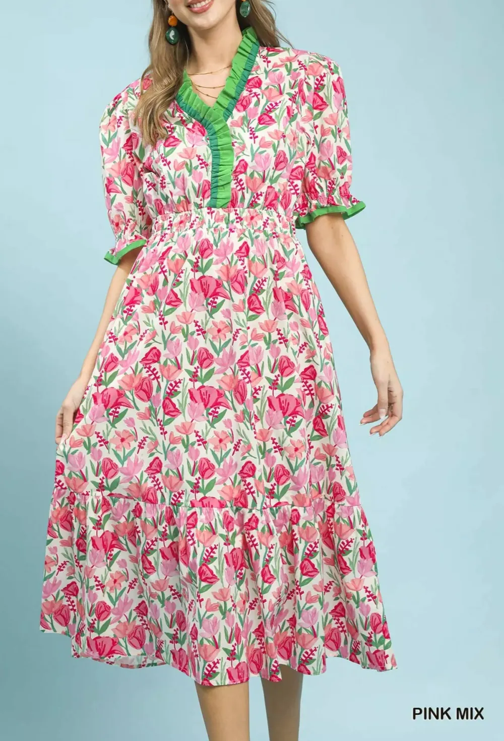 Floral Print Tiered Smocked Pocketed Midi Dress