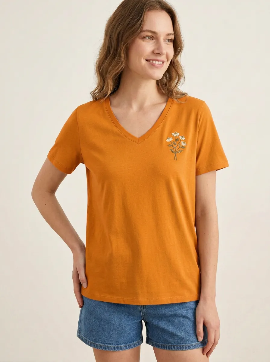 Women's Regular-Fit Floral-Embroidered V-Neck T-Shirt