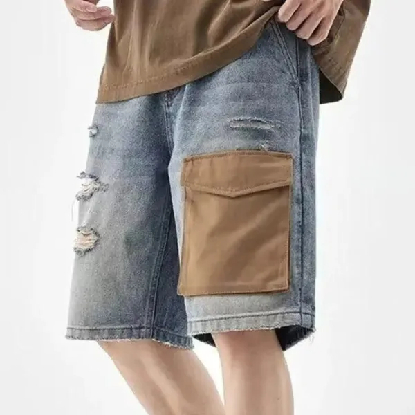 Utility Pocket Distressed Pocket Detail Washed Denim Shorts