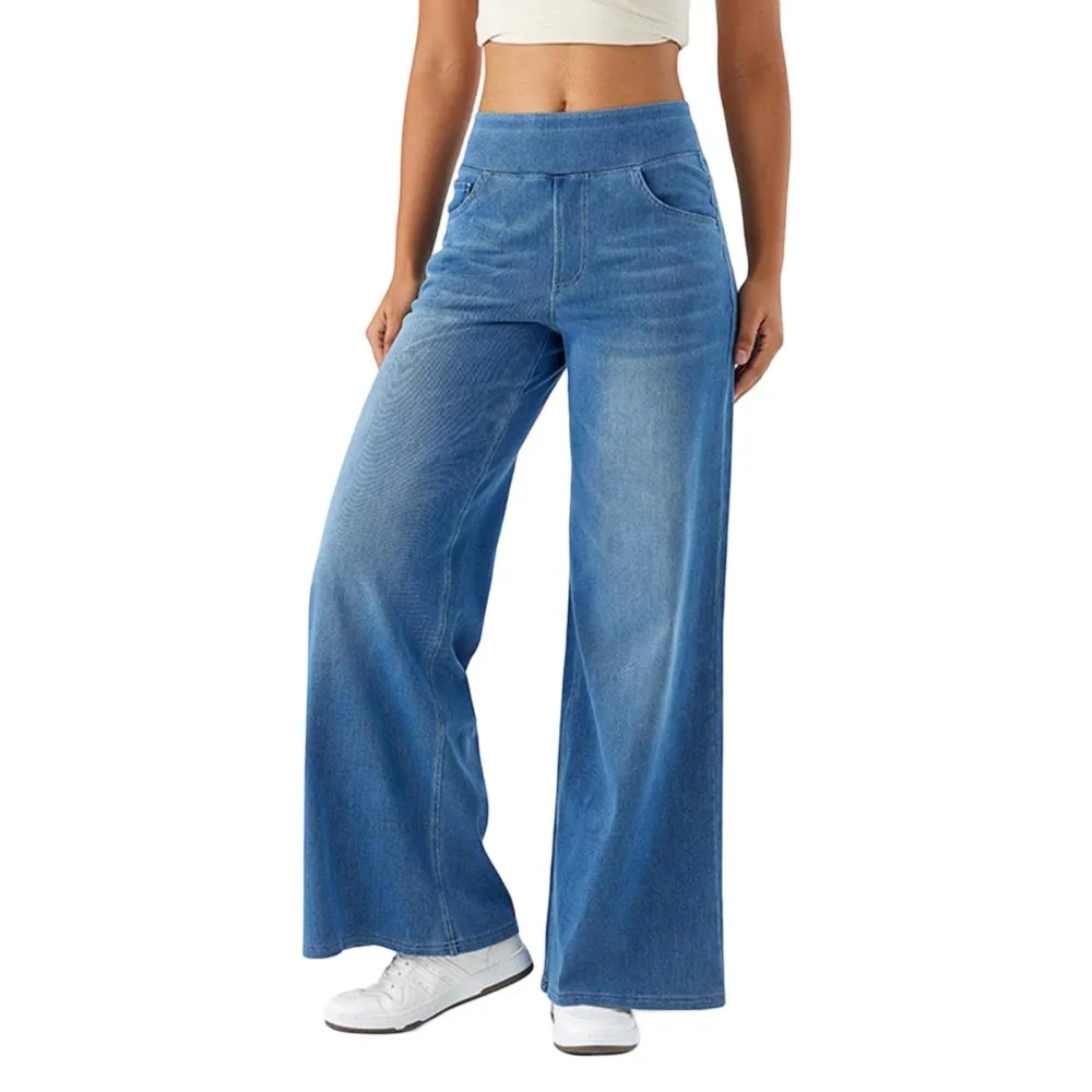 2026🔥  High Waisted Multiple Pockets Baggy Wide Leg Washed Stretchy Knit Casual Jeans