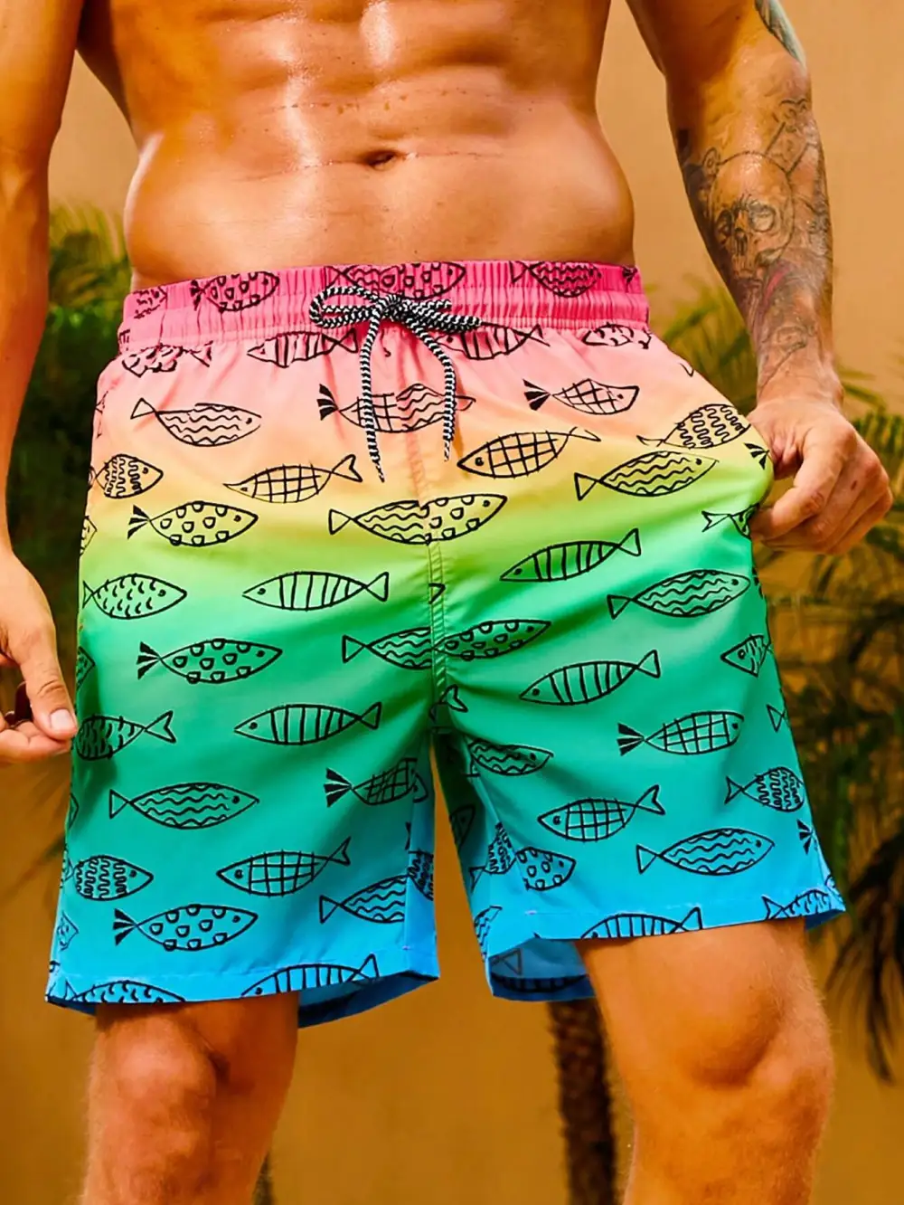 Men's Fish Print Drawstring Swim Trunks
