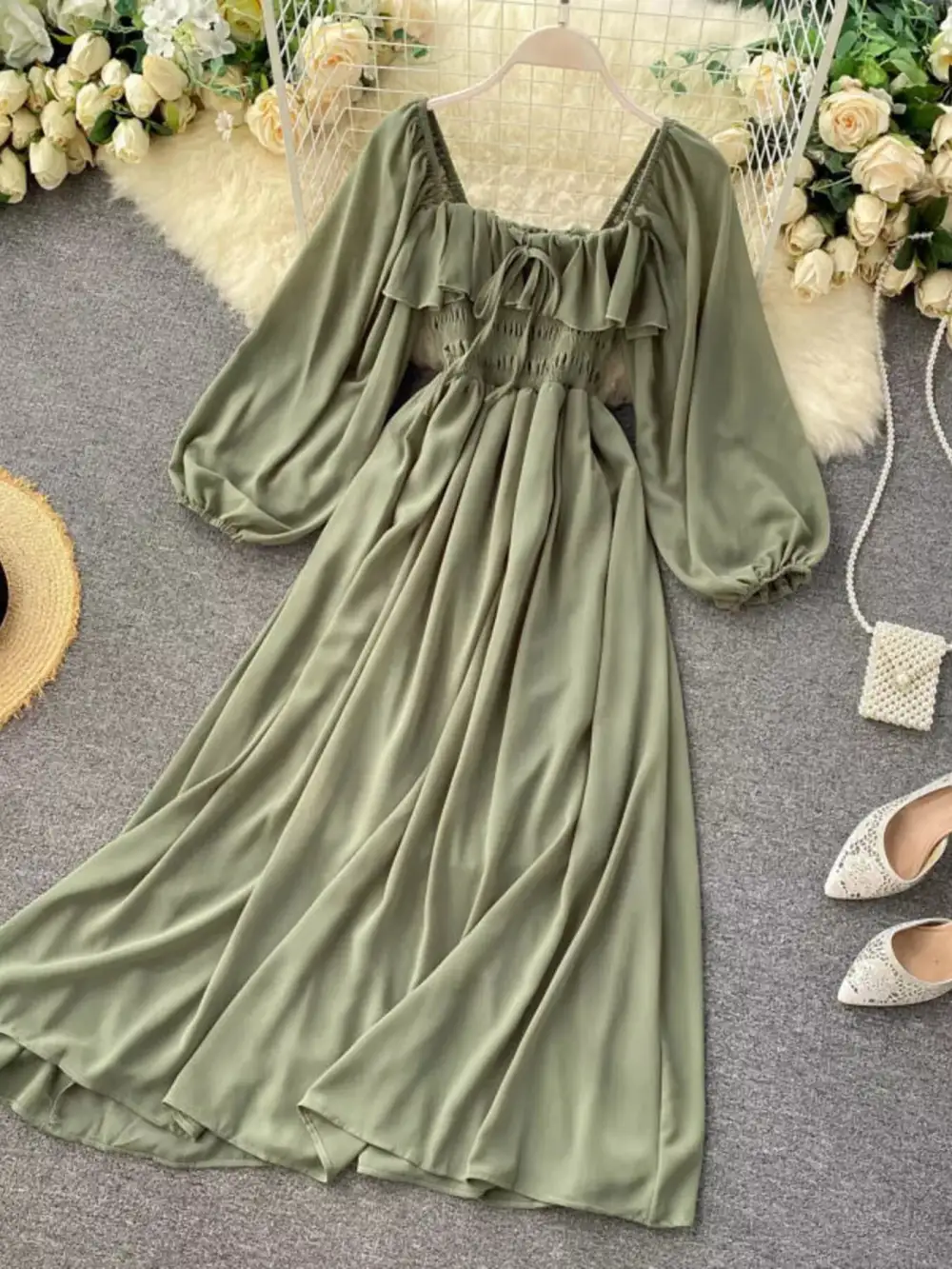 Square Neck Ruffle Dress Casual