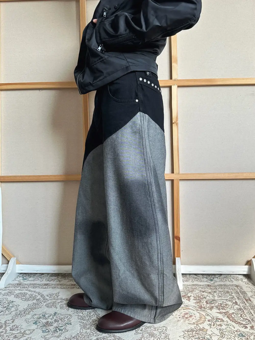 Wide-Leg Patchwork Contrast-Detail Pants