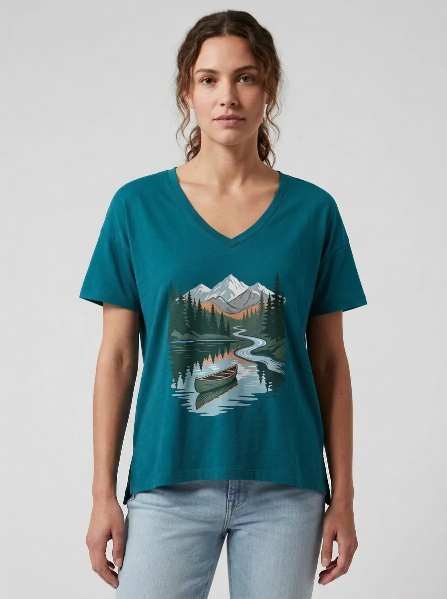 Women's Nature-Inspired Mountain & Canoe Graphic V-Neck T-Shirt