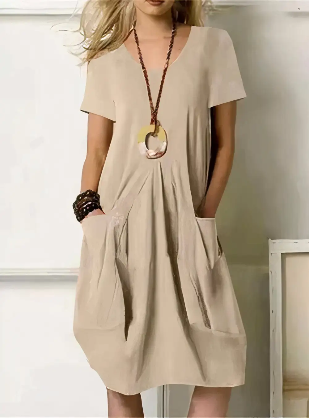  Casual Loose Pocket Midi Dress