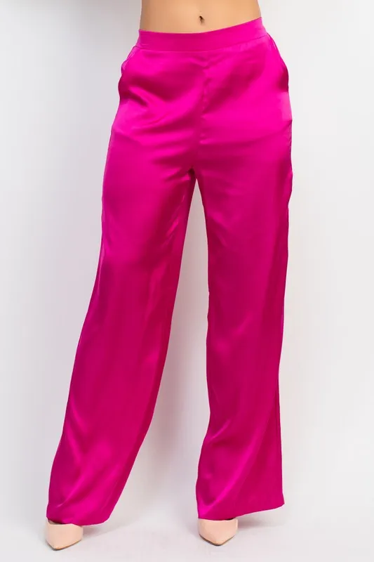 Mid Rise Straight Leg Satin Pants