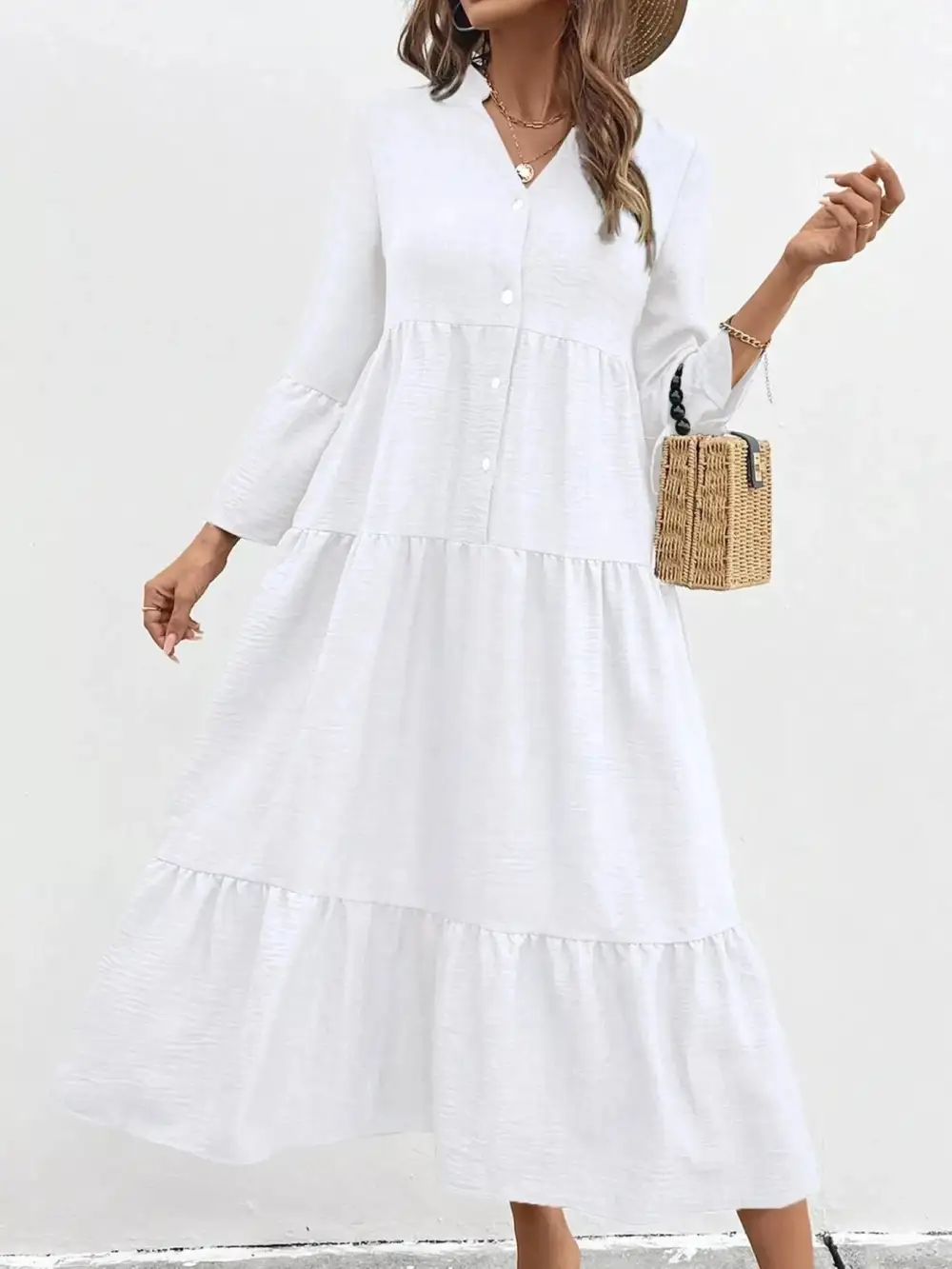 Button Front Ruffle Tiered Dress Casual