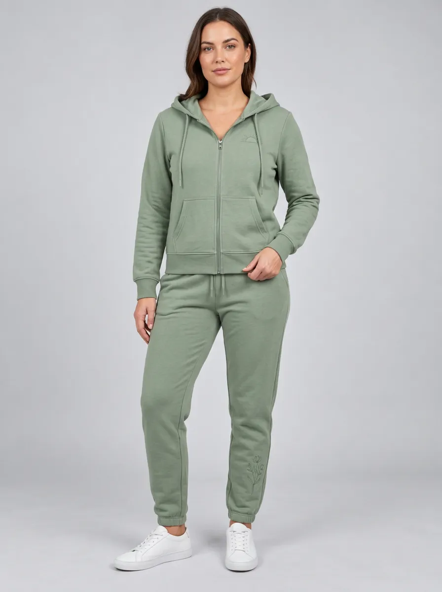 Women's Sage Green Floral Graphic Zip-Up Hoodie Jacket & Jogger Set