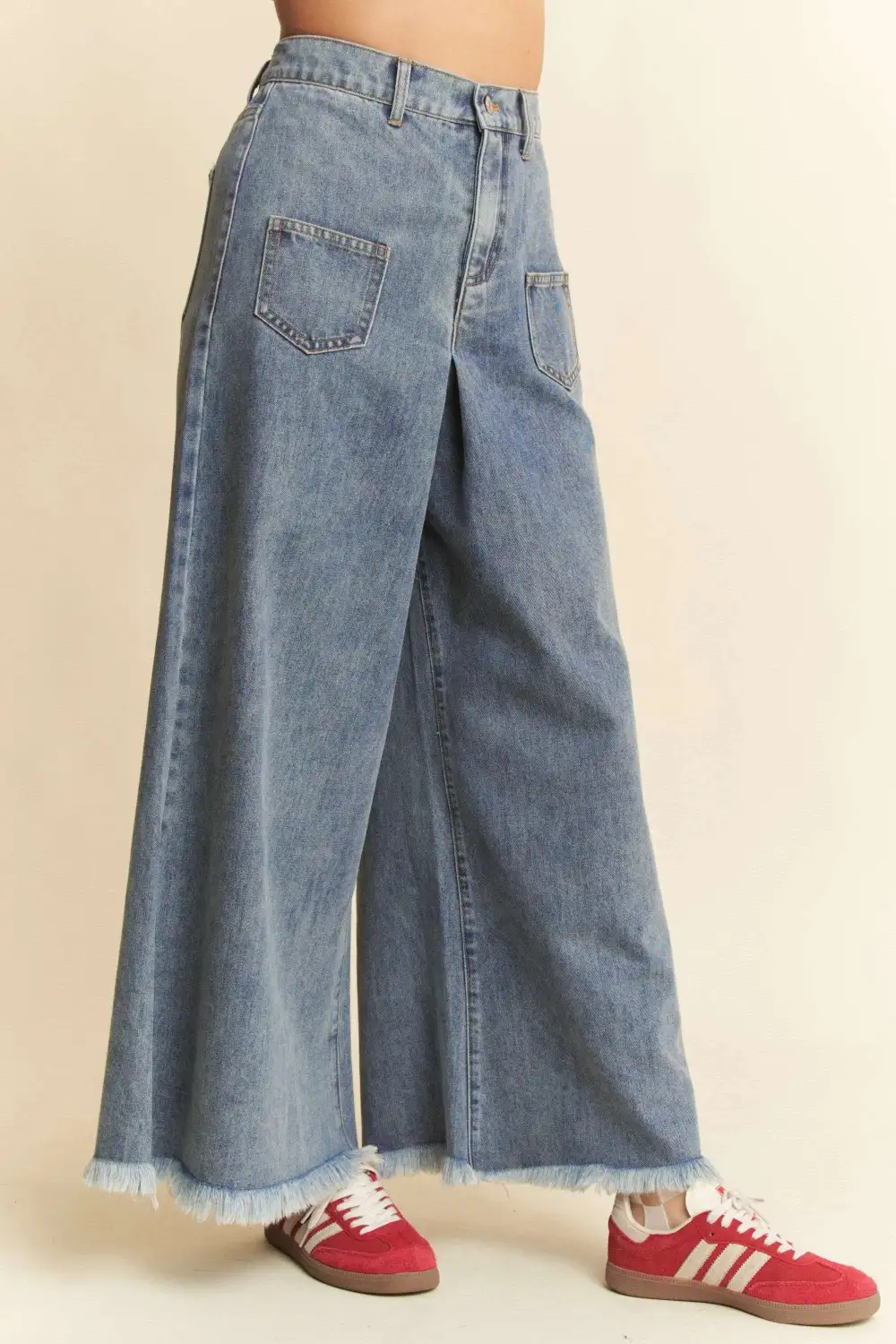 Patch Pocket Wide Leg Culotte Denim Jeans
