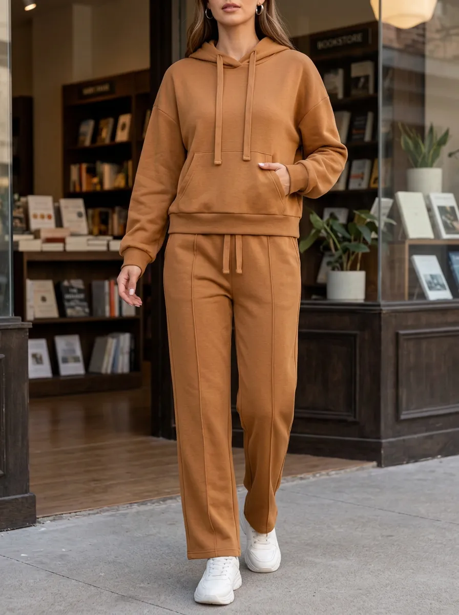 Women's Casual Solid Camel Long Sleeve Hoodie Straight Leg Pants Set