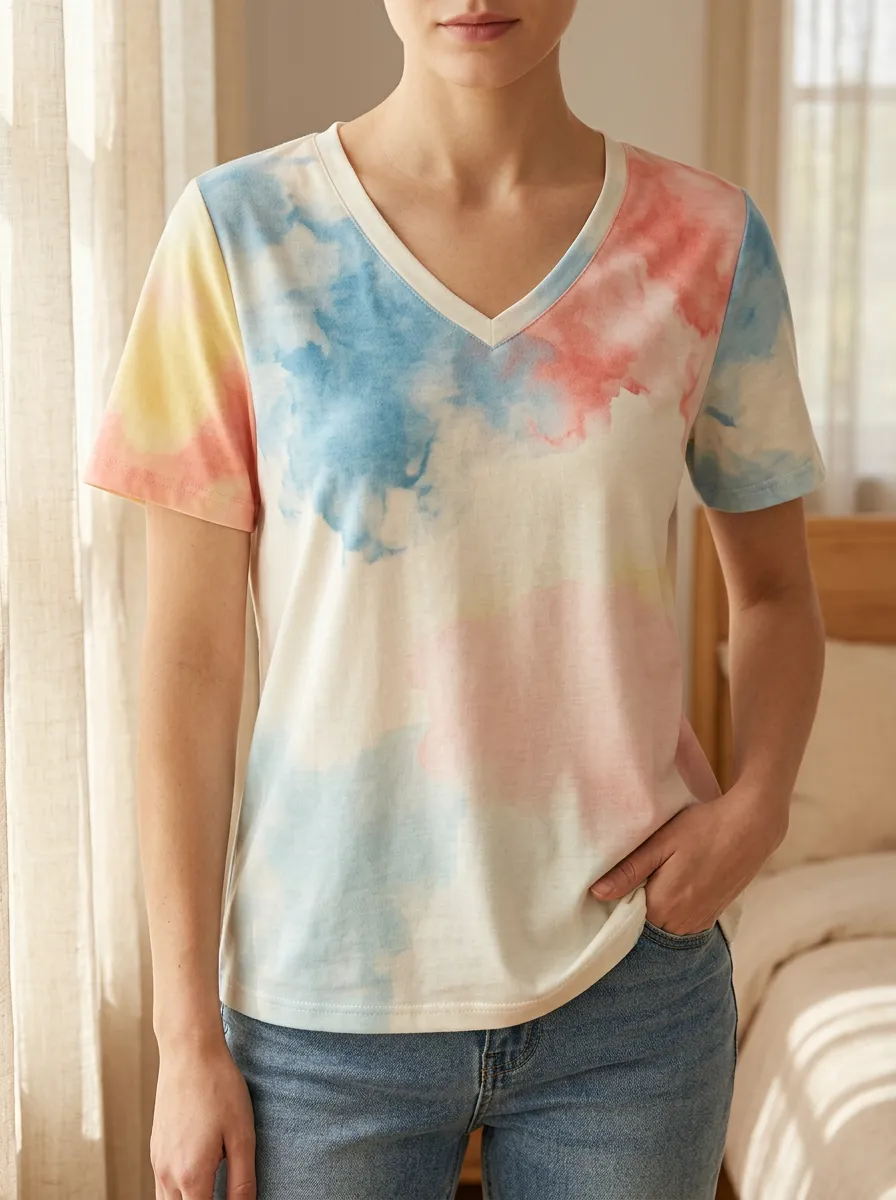 Women's Artful Pastel Tie-Dye Pattern V-Neck T-Shirt