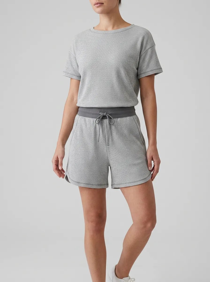 Women's Waffle Textured Lounge Inspired T-Shirt and Shorts Active Set