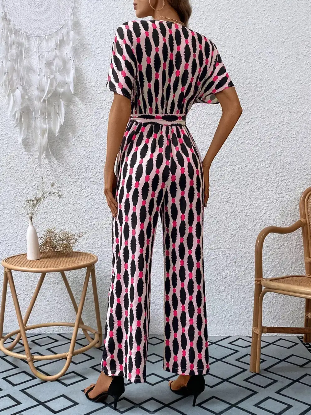 Printed Surplice Tie Waist Short Sleeve Shorts