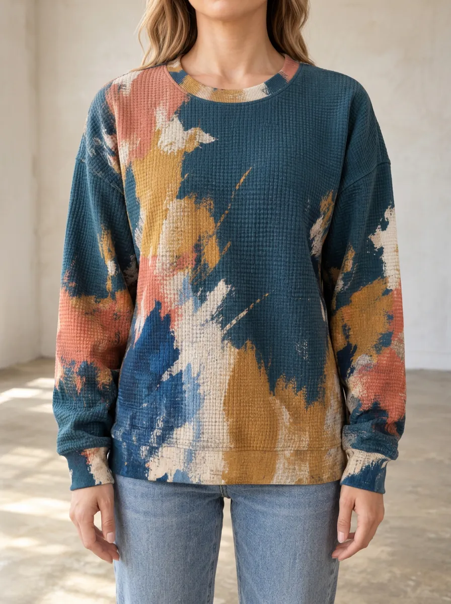 Women's Abstract Paint Splatter Printed Waffle Knit Crewneck Sweatshirt