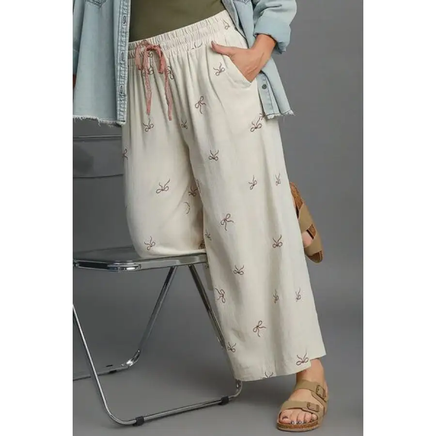 Full Size Lace Drawstring Embroidered Bow Wide Leg Pants Plus Size