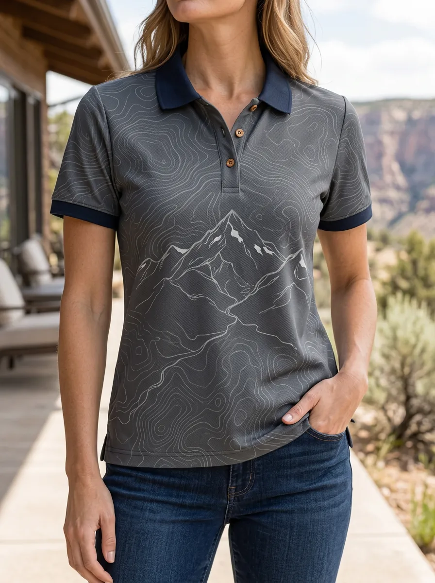 Women's Hiking Mountain Topographic Printed Polo Shirt