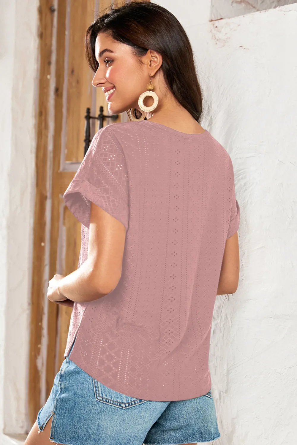 Rose Tan Eyelet Jacquard Cuffed Top