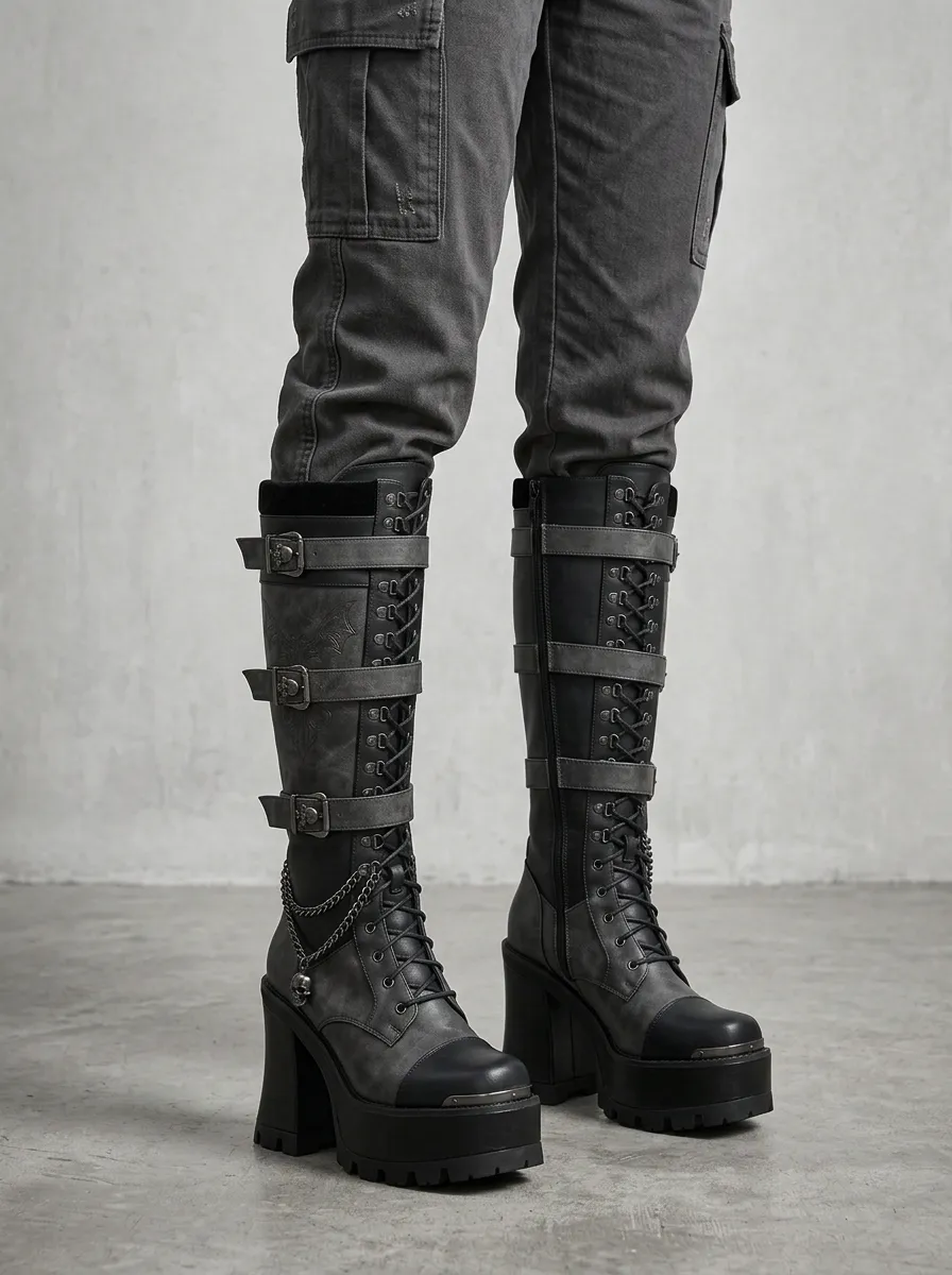 Gothic Revival Skull Bat Chain Design Women's Gothic Platform Boots