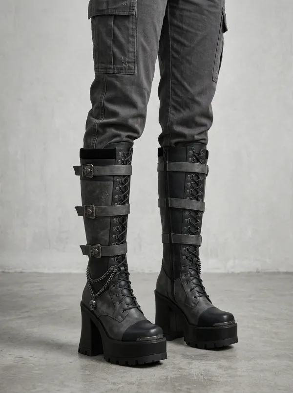 Gothic Revival Skull Bat Chain Design Women's Gothic Platform Boots
