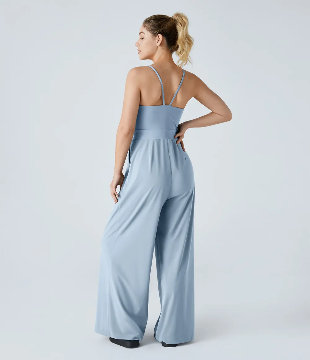 Breezeful Backless Side Invisible Zipper Pocket Wide Leg Quick Dry Resort Slip Jumpsuit