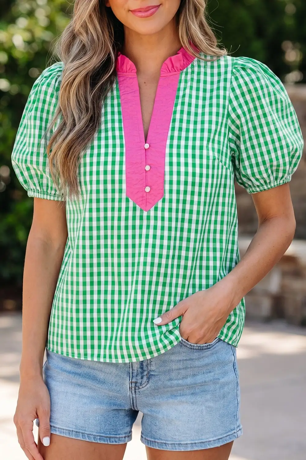 Women's Plaid Colorblock Puff Sleeve Top