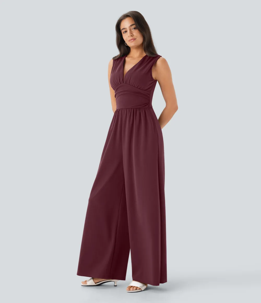SculptKnit V Neck Sleeveless Ruched Pocket Jumpsuit-Easy Peezy