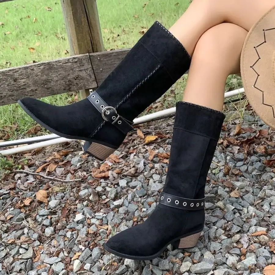 Simple Point Toe Block Heels Boots
