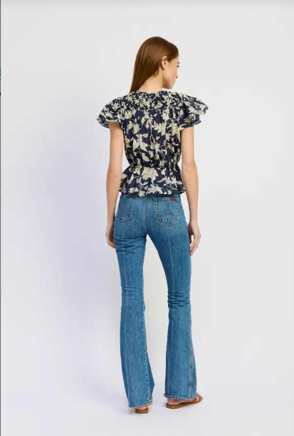 Navy Floral Smocked Waist Peplum Blouse
