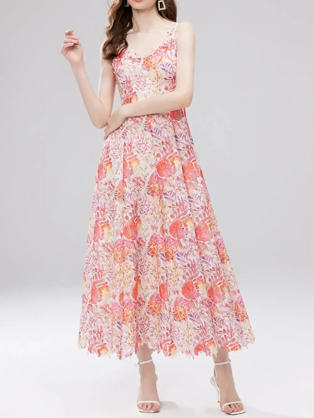 Floral Lace V Neck Midi Dress