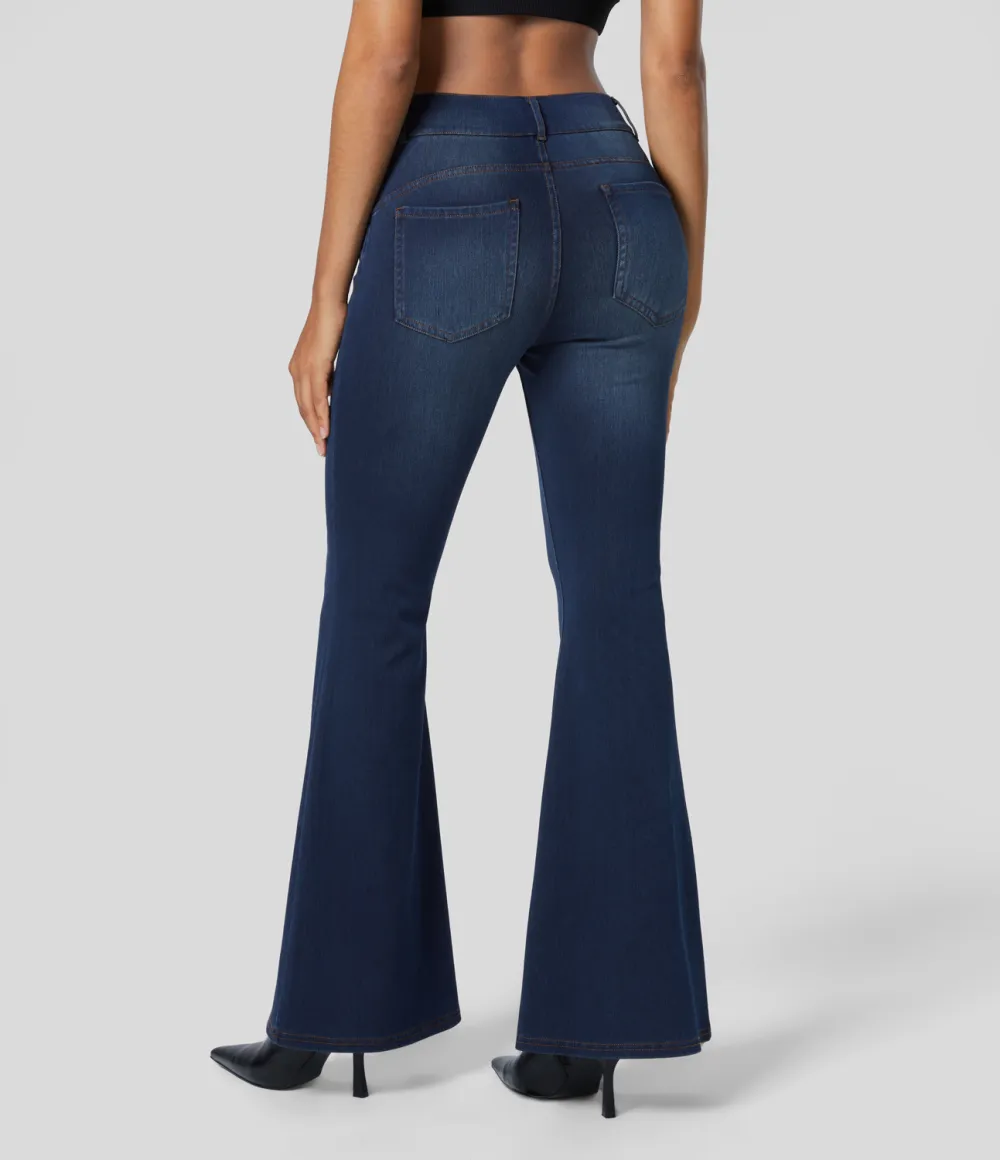 Magic High Waisted Multiple Pockets Stretchy Knit Denim Work Full Length Flare Leggings