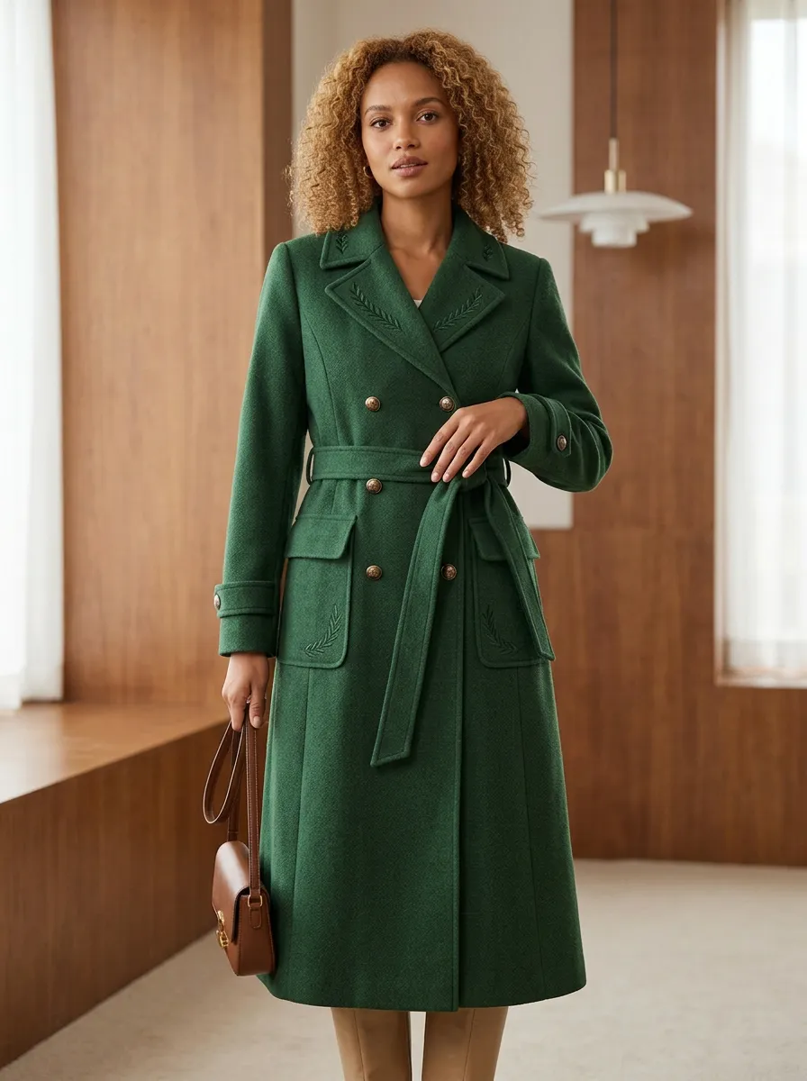 Women's Vintage Leaf Embroidered Double-Breasted Wool Coat