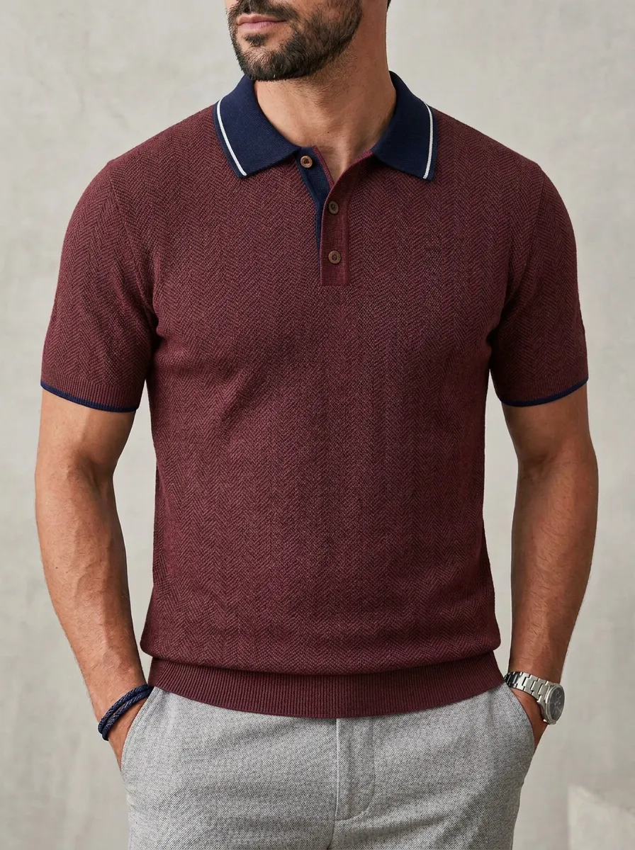 Men's Casual Business Herringbone Pattern Knitted Polo Shirt