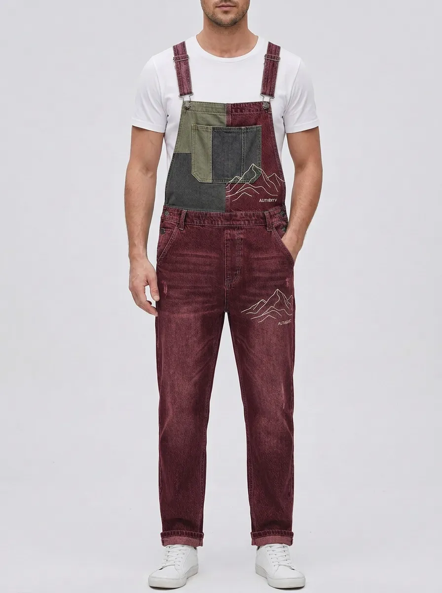 Colorblock Mountain Graphic Denim Overalls