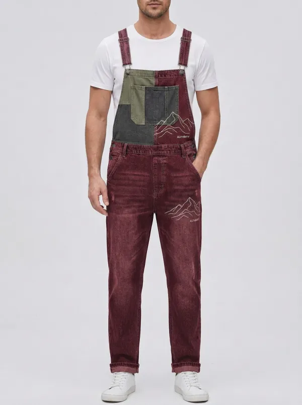 Colorblock Mountain Graphic Denim Overalls